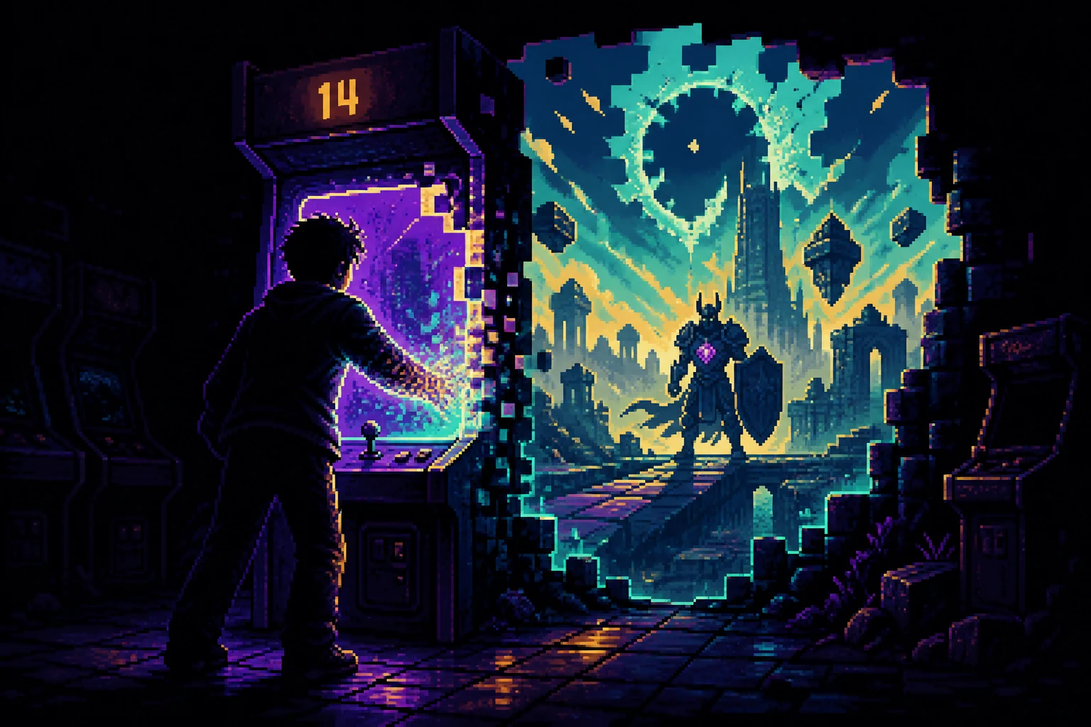 A young player discovers the glowing Cabinet 14 in an abandoned arcade.